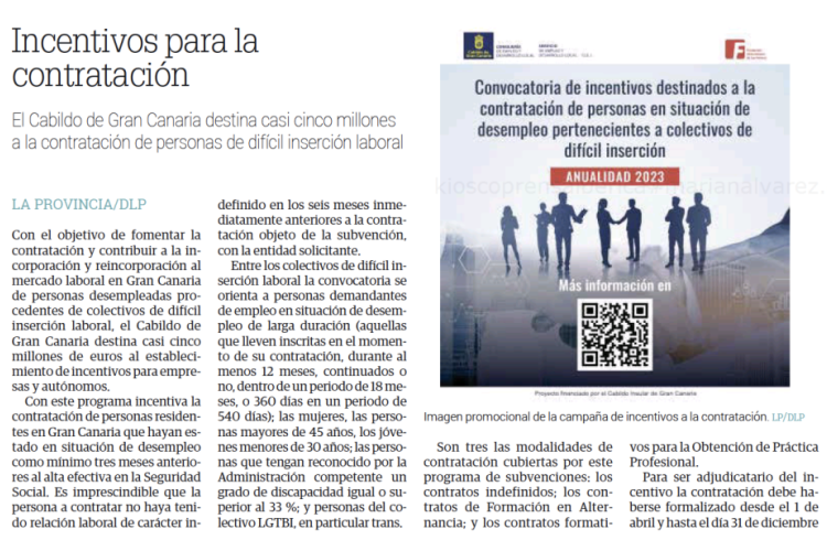 Página periódico La Provincia sobre Incentivos de contratación